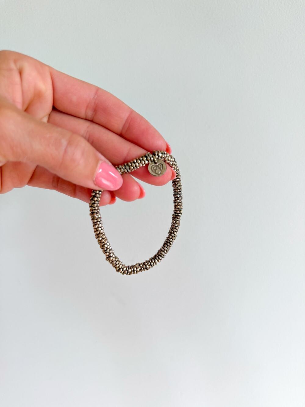 Philippe Audibert Beaded Engraved Logo Charm Stretch Bracelet